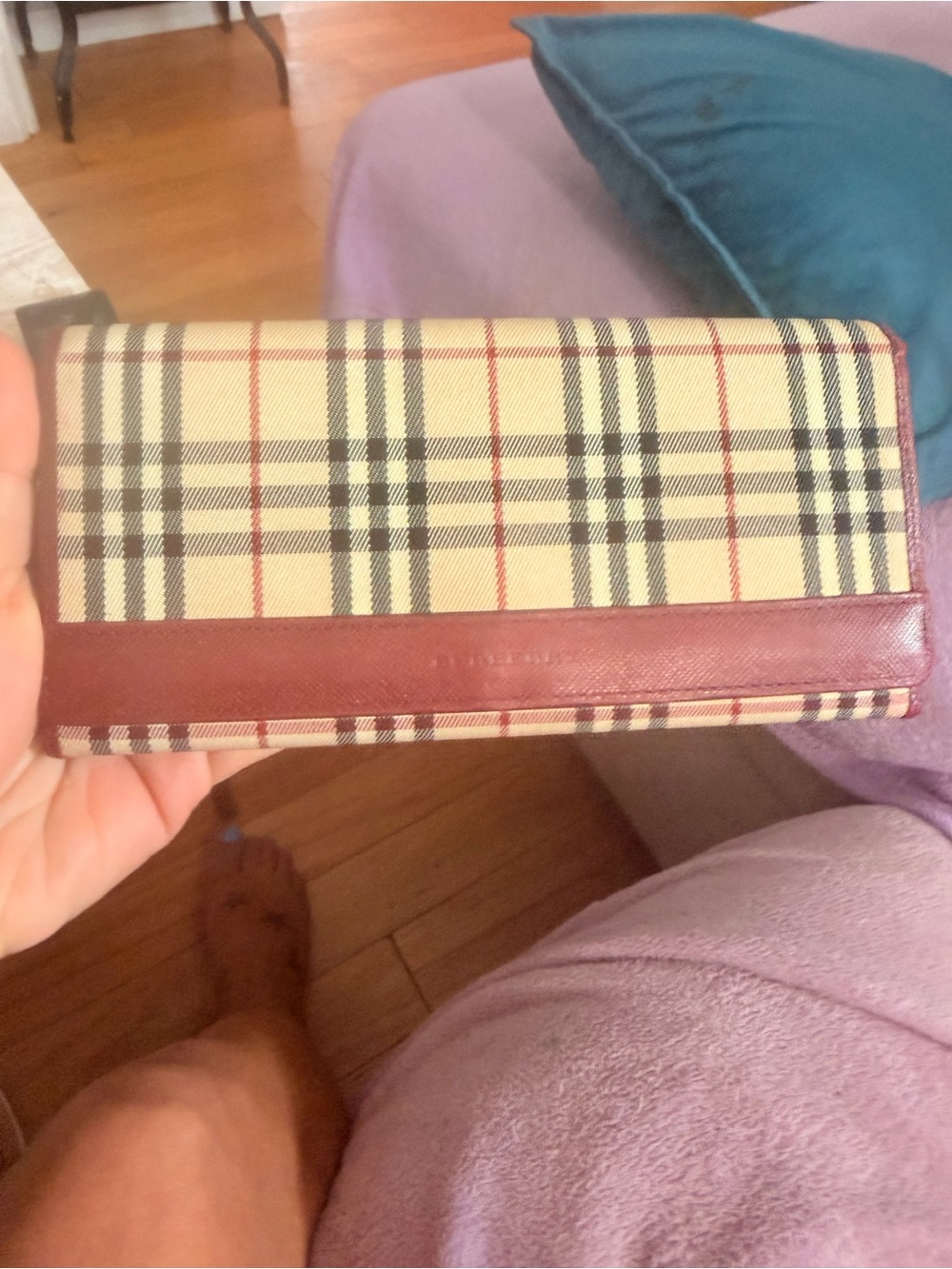 Burberry Beige Black Plaid Wallet with Burgundy Trim